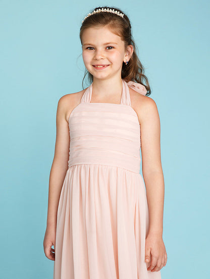 Princess A-Line Halter Neck Flower Girl Dress Floor Length Chiffon With Pleats Ruched