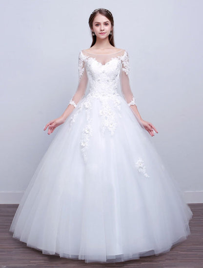 Princess Ball Gown Wedding Dresses Long Sleeve Lace Illusion Ivory Floor Length Bridal Dress