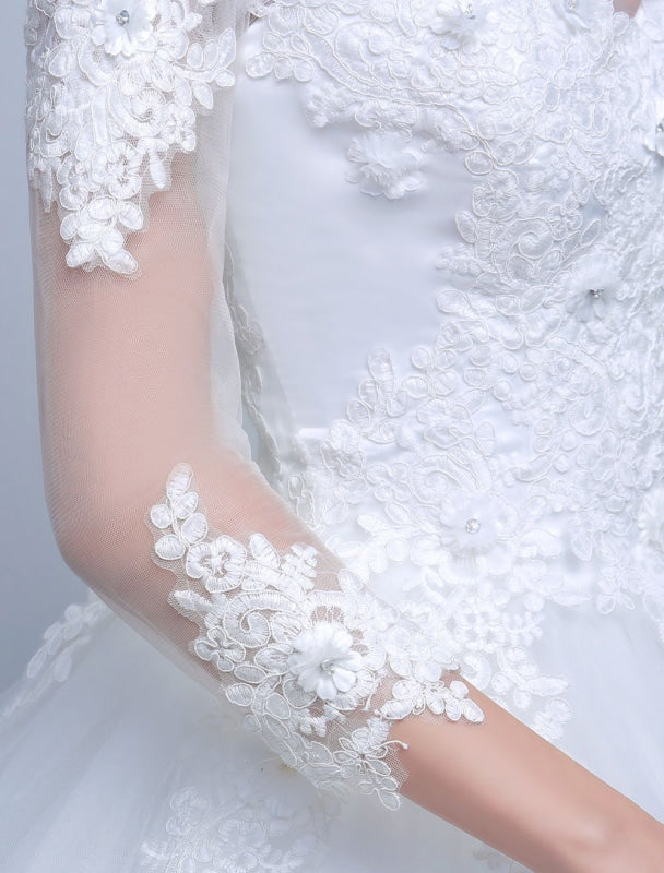 Princess Ball Gown Wedding Dresses Long Sleeve Lace Illusion Ivory Floor Length Bridal Dress