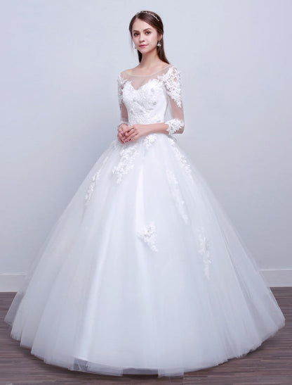 Princess Ball Gown Wedding Dresses Long Sleeve Lace Illusion Ivory Floor Length Bridal Dress