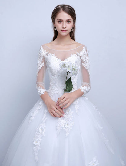 Princess Ball Gown Wedding Dresses Long Sleeve Lace Illusion Ivory Floor Length Bridal Dress