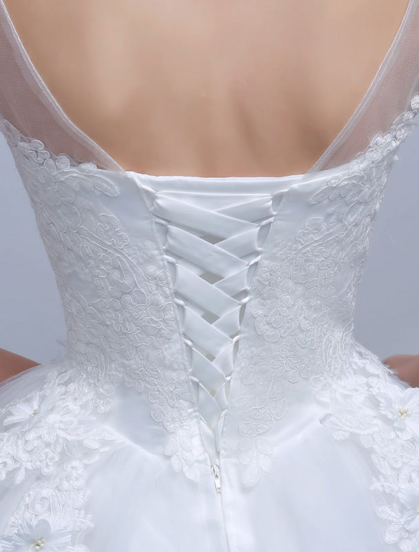 Princess Ball Gown Wedding Dresses Long Sleeve Lace Illusion Ivory Floor Length Bridal Dress