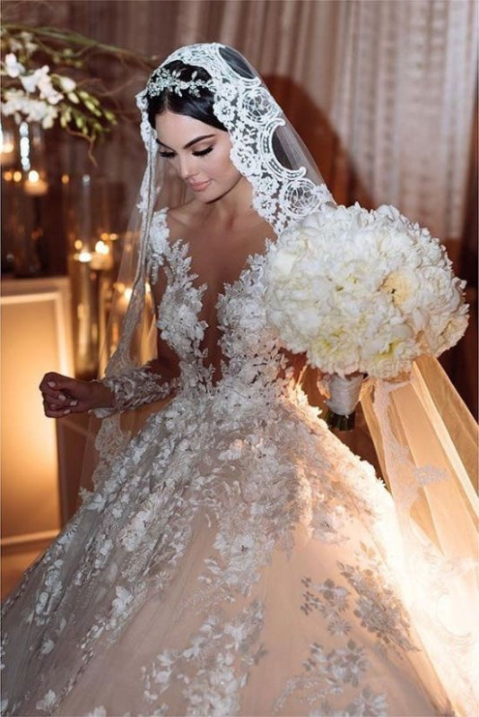 Princess Bateau Wedding Dress with Modest Backless Design and Floor-length Lace Ruffles