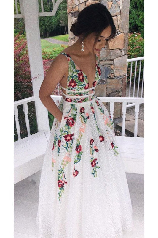 Princess V Neck Floral Embroidery Dress with Pocket Long Lace Prom Dresses