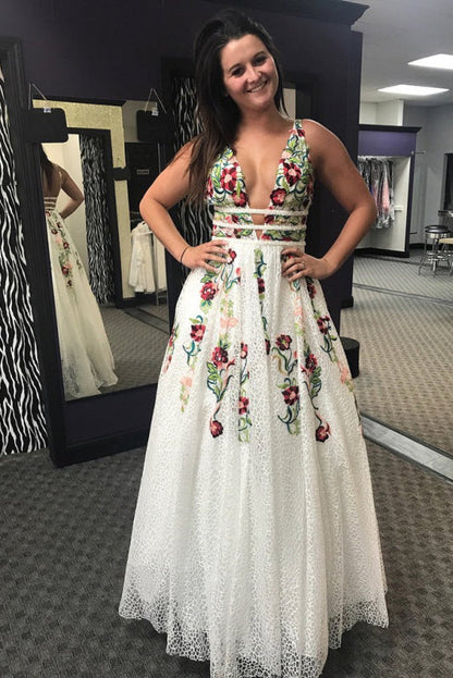 Princess V Neck Floral Embroidery Dress with Pocket Long Lace Prom Dresses