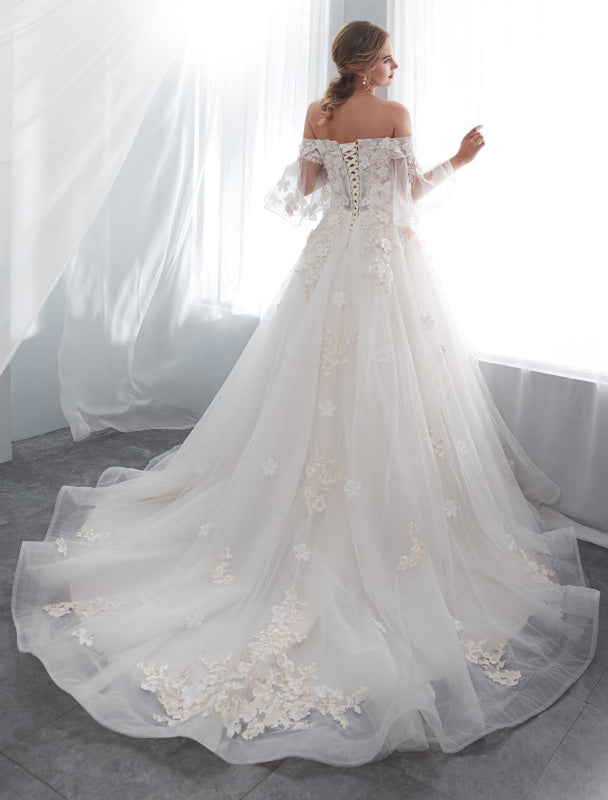 Princess Wedding Dresses Half Sleeve Off Shoulder Lace Flowers Pearls Applique Ivory Bridal Dress With Train