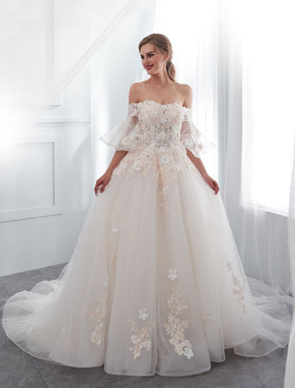 Princess Wedding Dresses Half Sleeve Off Shoulder Lace Flowers Pearls Applique Ivory Bridal Dress With Train