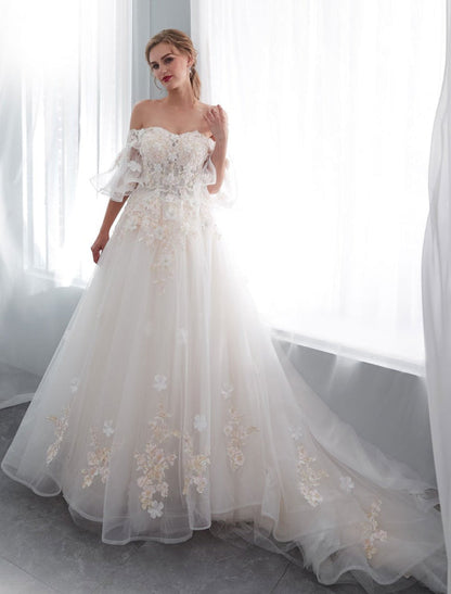 Princess Wedding Dresses Half Sleeve Off Shoulder Lace Flowers Pearls Applique Ivory Bridal Dress With Train