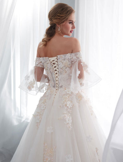 Princess Wedding Dresses Half Sleeve Off Shoulder Lace Flowers Pearls Applique Ivory Bridal Dress With Train