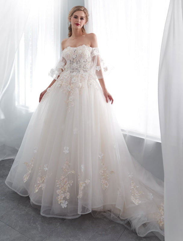 Princess Wedding Dresses Half Sleeve Off Shoulder Lace Flowers Pearls Applique Ivory Bridal Dress With Train