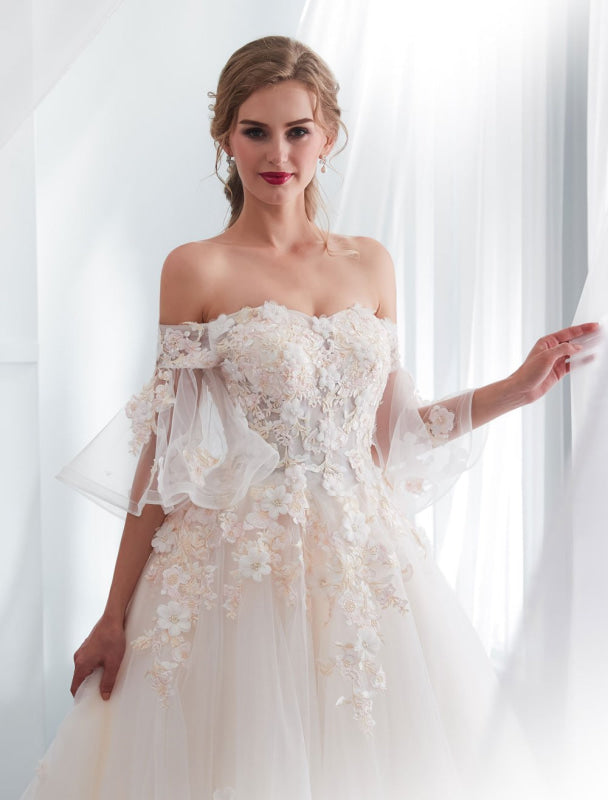 Princess Wedding Dresses Half Sleeve Off Shoulder Lace Flowers Pearls Applique Ivory Bridal Dress With Train