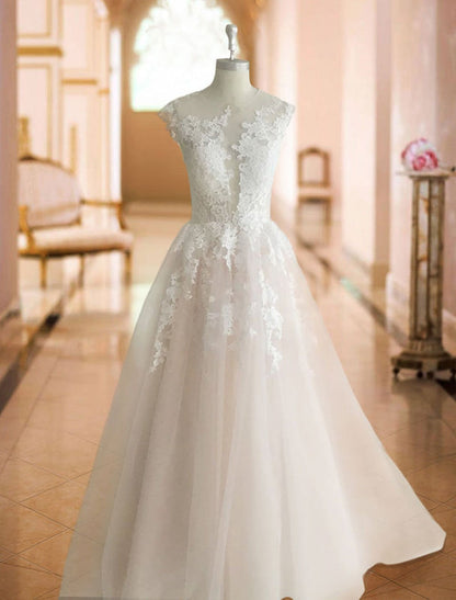 Princess Wedding Dresses Jewel Neck Sleeveless Lace Soft Tulle Bridal Gowns