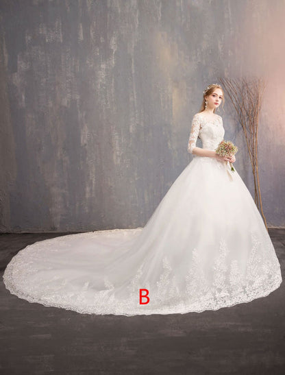 Princess Wedding Dresses Lace Illusion Half Sleeve Floor Length Bridal Gown