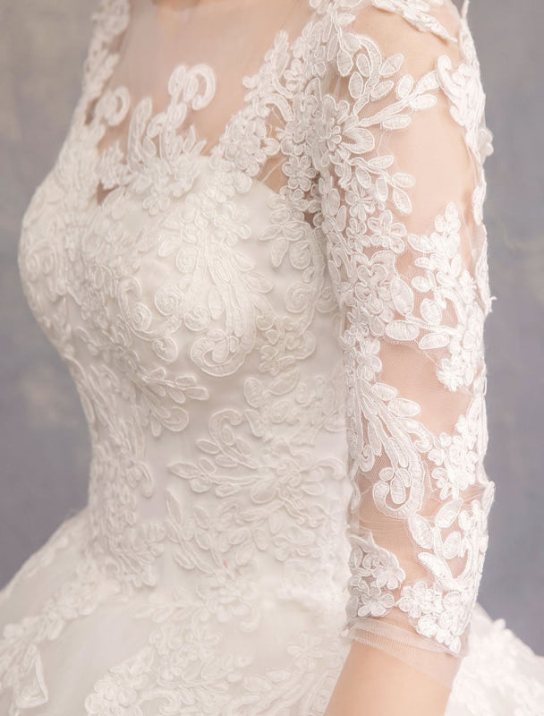 Princess Wedding Dresses Lace Illusion Half Sleeve Floor Length Bridal Gown