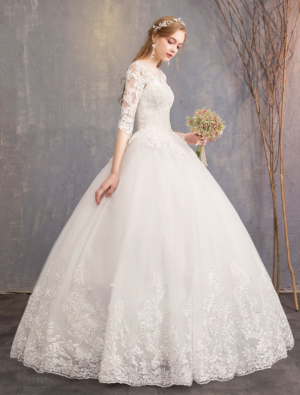 Princess Wedding Dresses Lace Illusion Half Sleeve Floor Length Bridal Gown