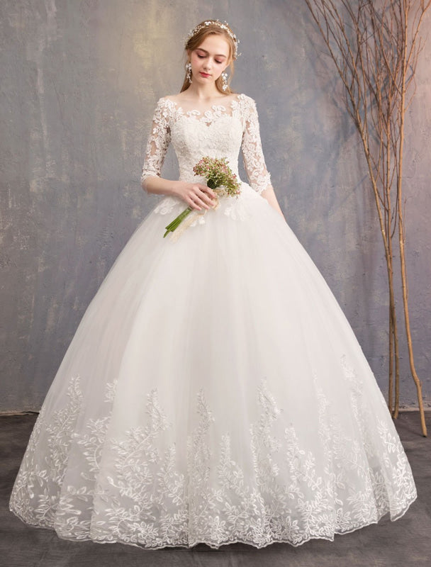 Princess Wedding Dresses Lace Illusion Half Sleeve Floor Length Bridal Gown