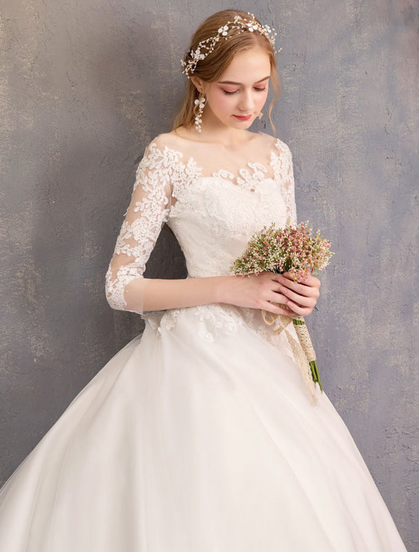 Princess Wedding Dresses Lace Illusion Half Sleeve Floor Length Bridal Gown