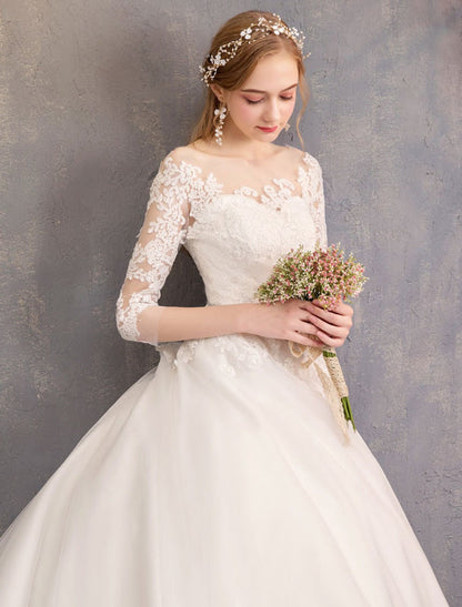 Princess Wedding Dresses Lace Illusion Half Sleeve Floor Length Bridal Gown