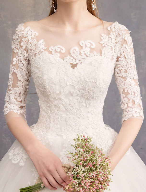 Princess Wedding Dresses Lace Illusion Half Sleeve Floor Length Bridal Gown
