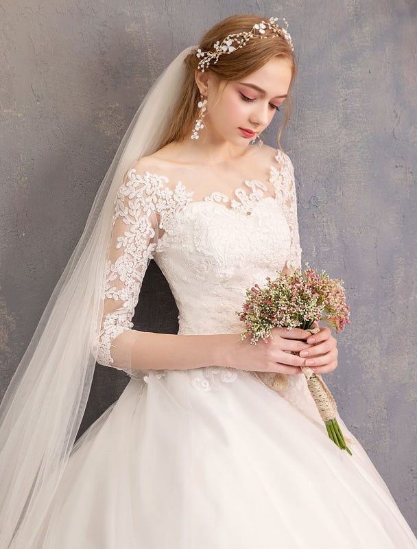Princess Wedding Dresses Lace Illusion Half Sleeve Floor Length Bridal Gown