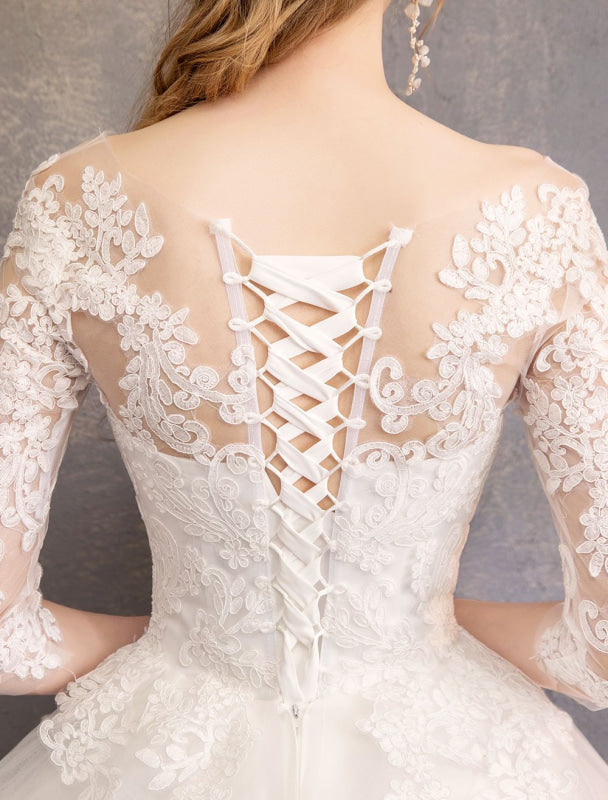Princess Wedding Dresses Lace Illusion Half Sleeve Floor Length Bridal Gown