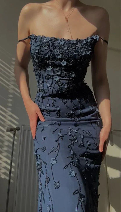 Charming Navy Blue Applique Spaghetti Strap Sheath Long Prom Dress Party Dress Evening Dress HZ1024