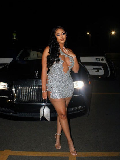 Silver Bodycon Dress Birthday Party Dress Sexy Black Girls Dress cc429