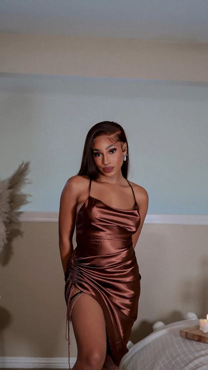 Brown Silk Satin Short Birthday Party Dress cc432