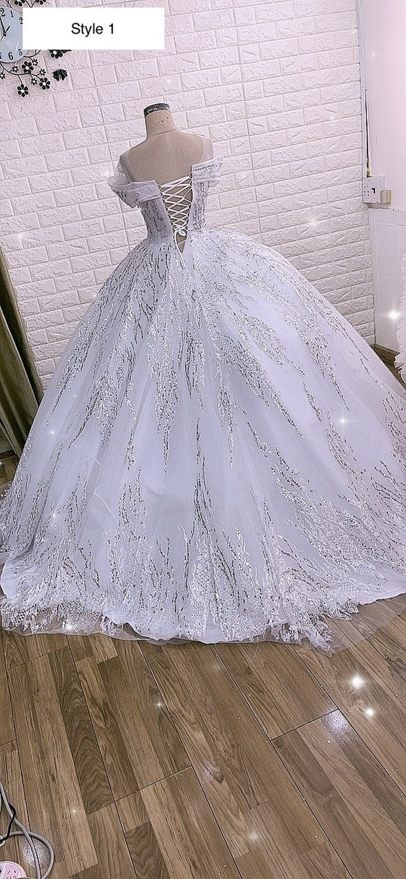 Luxurious white queen style sleeves beaded crystals sparkle ball gown wedding dress with glitter tulle C2156