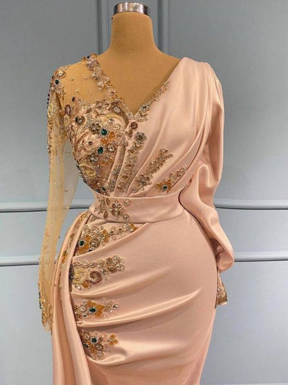Elegant V-Neck Long Sleeves Mermaid Prom Dress with Gold Sequins Appliques C2054