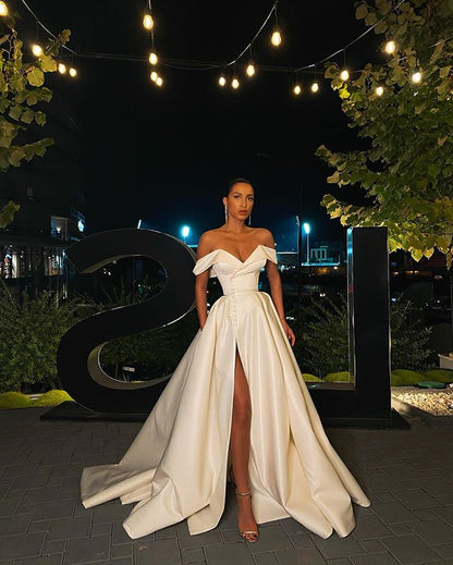Gorgeous A Line Off the Shoulder White Long Prom/Wedding Dress with Split Front C1390