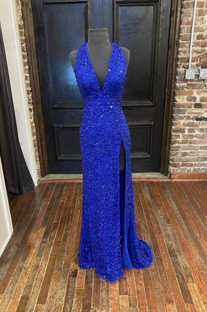 Blue sequins long prom dress mermaid evening dress C1277