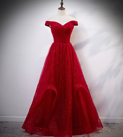 Burgundy tulle long prom dress evening dress C2149