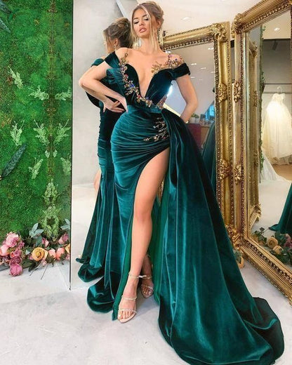 Off The Shoulder Velet Unique Long Prom Dress With Appliques  C1668
