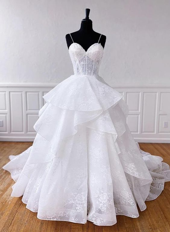 White tulle lace long prom gown formal dress C1840