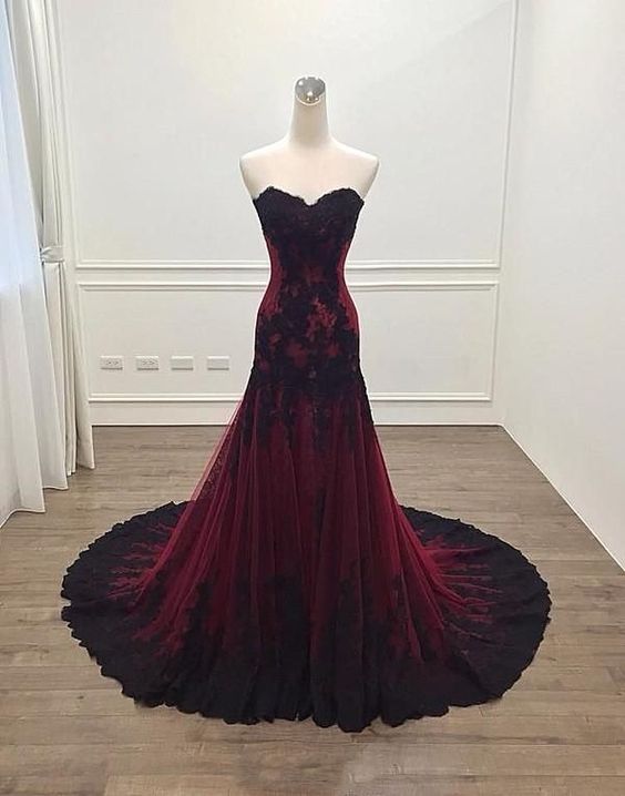 Deep Burgundy Evening Party Dress Sweetheart Prom Dresses Lace Appliques Evening Dresses C1957