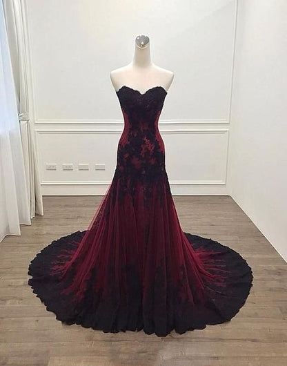 Deep Burgundy Evening Party Dress Sweetheart Prom Dresses Lace Appliques Evening Dresses C1957
