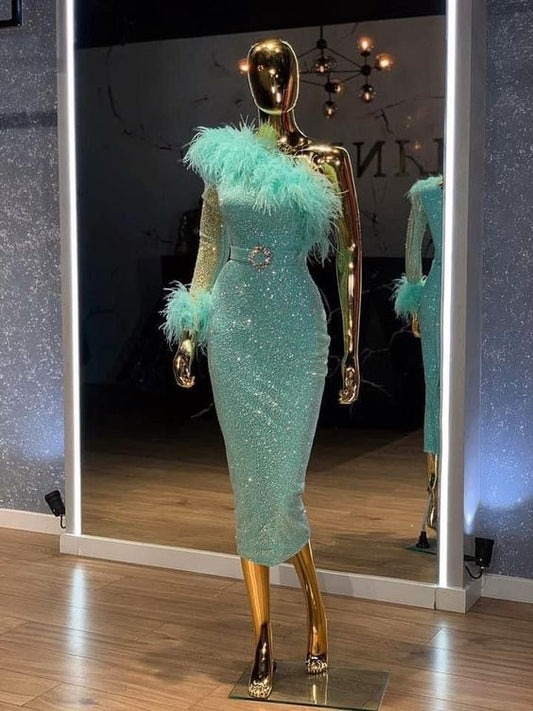One shoulder turquoise sequins prome dress c2725