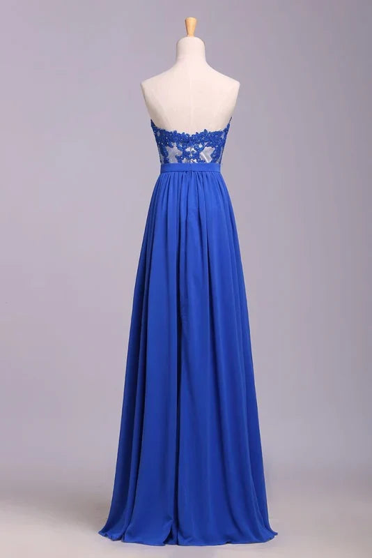 Elegant Strapless Chiffon Evening Lace Appliques Long Prom Dress Royal Blue
