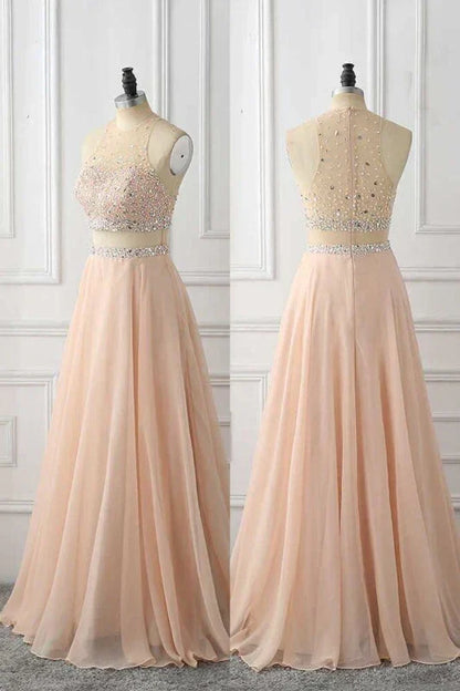 A Line Sleeveless Rhinestone Chiffon Long Prom Dress Floor Length Sparkly
