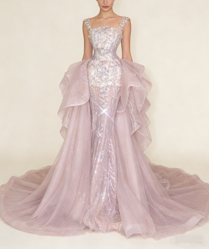 Gorgeous Pink Sequins Mermaid Beading Long Evening Dress Birthday Outfits, HZ0319