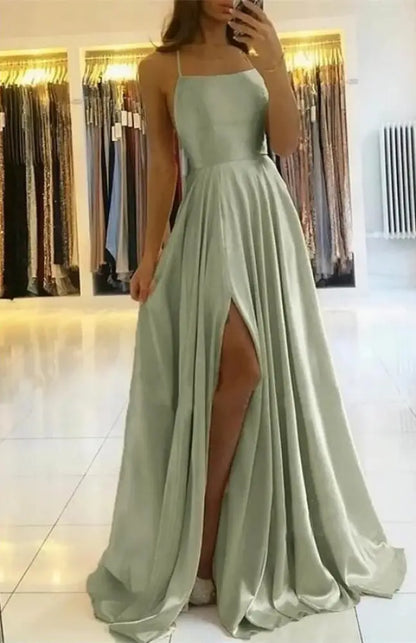 Simple Prom Dress Long With Spaghetti Straps Front Slit Satin Evening Dress