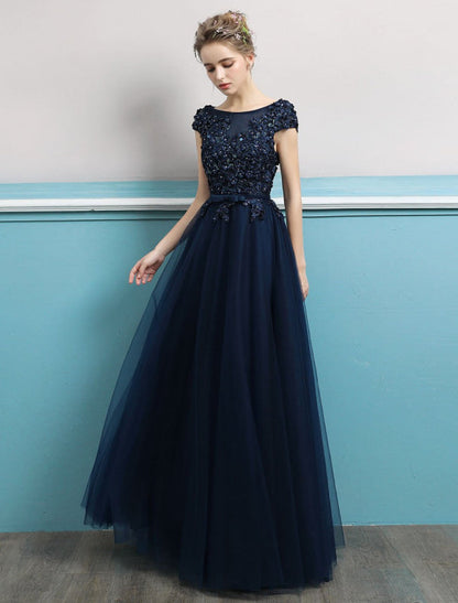 Prom Dresses Long Dark Navy Evening Dress Jewel Open Back Sequin Flowers Beaded Tulle Floor Length Formal Gowns