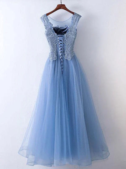 A-line Illusion Floor-Length Tulle Appliqued Rhine Stone Prom Dress Beautiful Wholesale