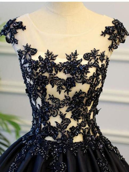 A-line Scoop-Neck Floor-Length Satin Long Black Prom Dresses Floor Length Elegant Evening Dress Wholesale