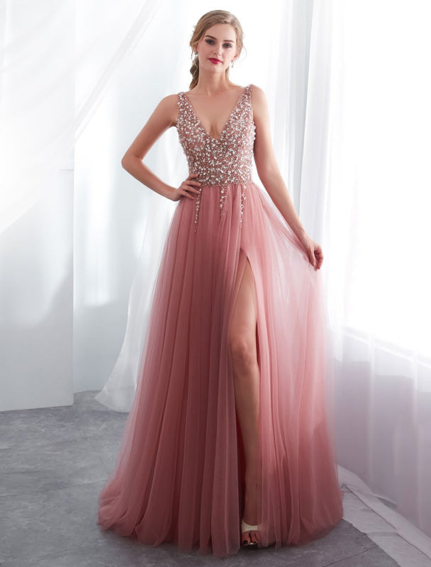 Prom Dresses Cameo Pinkv Neck Beading A Line Formal Evening Dress With Train