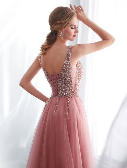 Prom Dresses Cameo Pinkv Neck Beading A Line Formal Evening Dress With Train