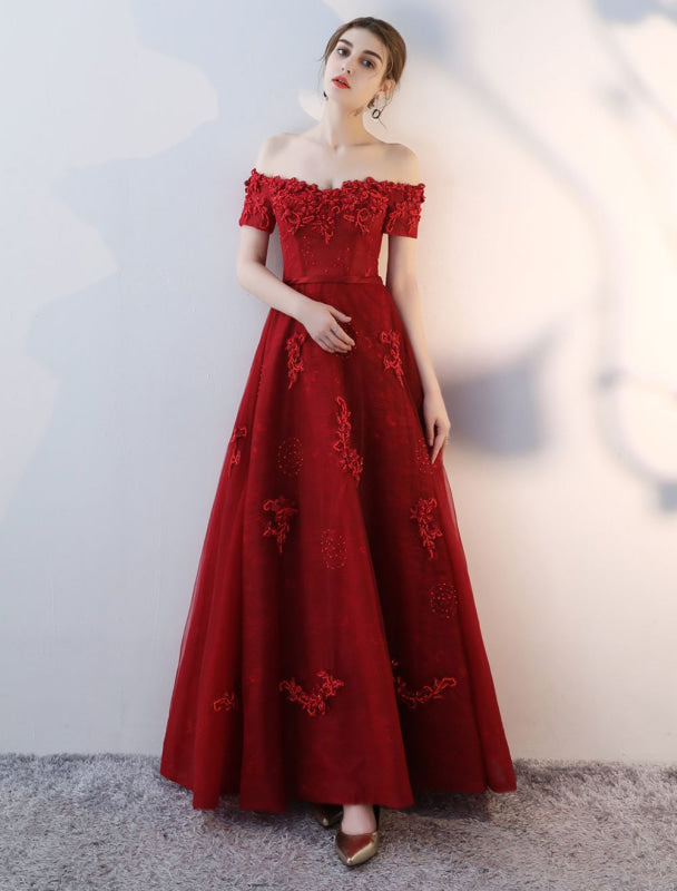 Prom Dresses Long Burgundy Off The Shoulder Prom Dress Lace Applique Heavy Beading Sash Floor Length Formal Evening Dress