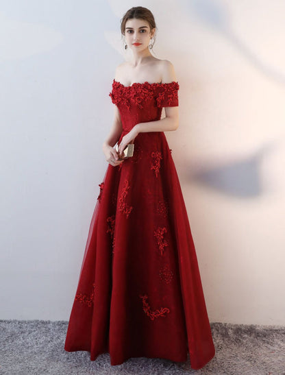 Prom Dresses Long Burgundy Off The Shoulder Prom Dress Lace Applique Heavy Beading Sash Floor Length Formal Evening Dress