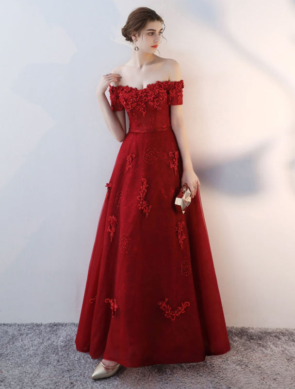 Prom Dresses Long Burgundy Off The Shoulder Prom Dress Lace Applique Heavy Beading Sash Floor Length Formal Evening Dress